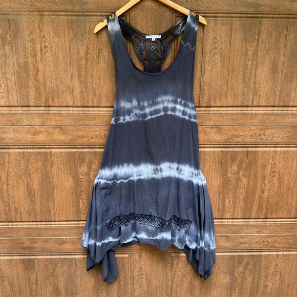 Tempo Paris Dress Blue Tie Dye Flowy Gauze Beach Coverup Handkerchief Hem S - Picture 1 of 9